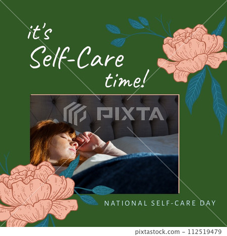 Composition of it's self-care time text over caucasian woman sleeping in bed on green background 112519479