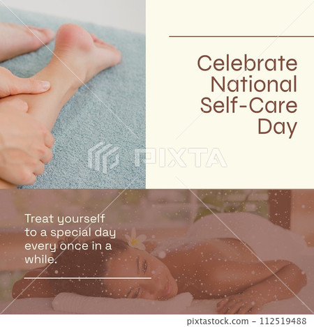 Composition of national self-care day text over diverse people getting a massage 112519488