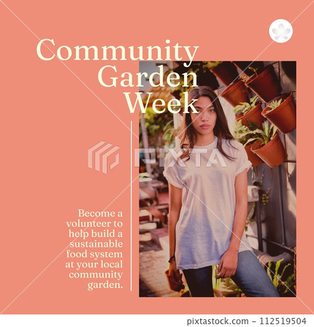 Composition of community garden week text over biracial woman gardening 112519504