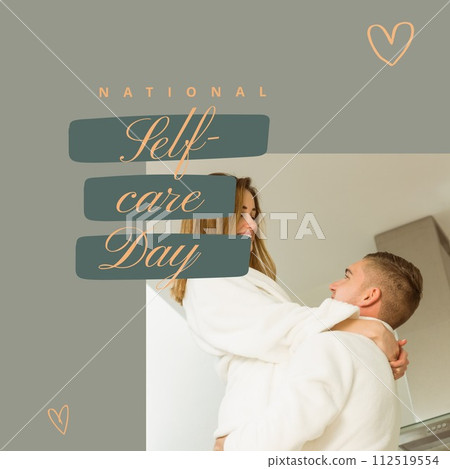 Composition of national self-care day text over caucasian couple wearing bathrobes in bathroom 112519554