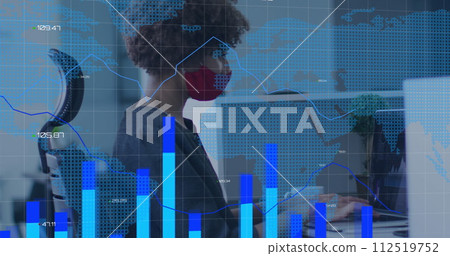 Statistical data processing over world map against woman wearing face mask using laptop at office 112519752