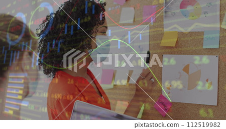 Image of digital interface showing statistics with colleagues in office wearing face masks Image of digital interface showing statistics with colleagues in office wearing face masks 112519982