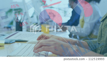 Image of digital interface showing statistics with colleagues in office wearing face masks Image of digital interface showing statistics with colleagues in office wearing face masks 112519993