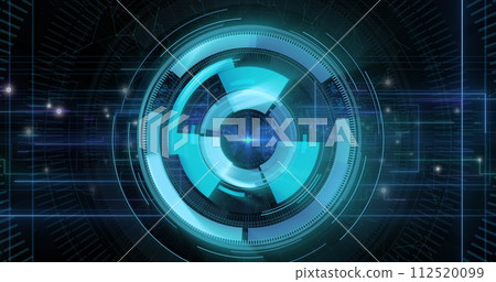 Image of scope scanning and network of connections on black background Image of scope scanning and network of connections on black background 112520099