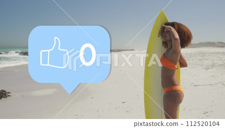 Image of speech bubble with thumbs up digital icon and numbers, woman with surfboard on beach 112520104