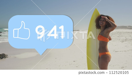 Image of speech bubble with thumbs up digital icon and numbers, woman with surfboard on beach 112520105