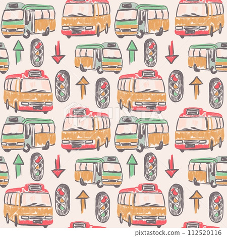 Hand drawn seamless vintage pattern with buses traffic light public transport. Retro asian hong kong cars automobile graphic doodle yellow beige red print, trendy decorative fabric vehicle cartoon. Hand drawn seamless vintage pattern with buses traffic light public transport. Retro asian hong kong cars automobile graphic doodle yellow beige red print, trendy decorative fabric vehicle cartoon. 112520116