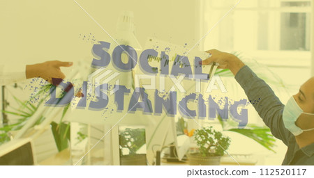 Image of words social distancing with work colleagues social distancing in office Image of words social distancing with work colleagues social distancing in office 112520117