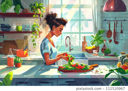 healthy woman preparing a colorful and nutritious salad in a modern kitchen. healthy woman preparing a colorful and nutritious salad in a modern kitchen. 112520967