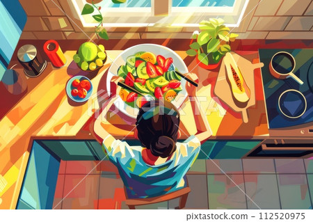 healthy woman preparing a colorful and nutritious salad in a modern kitchen. healthy woman preparing a colorful and nutritious salad in a modern kitchen. 112520975