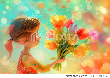 Mothers day celebration featuring a stylized mother figure receiving a bouquet of vibrant flowers 112520997