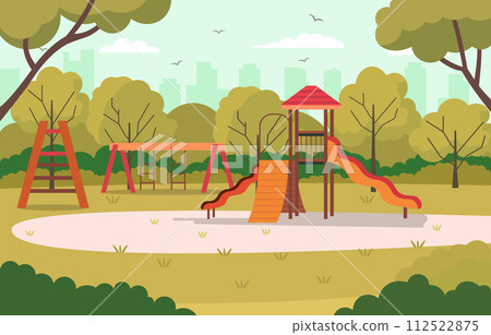 Vector Design of Slide in City Park with Green Plants Trees in Bright Day 112522875