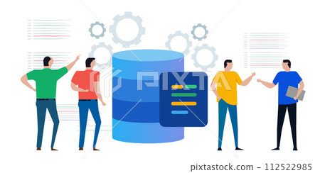 Database SQL structured Query language people team discuss coding for storing data in server using DBMS 112522985