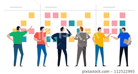 kanban board agile scrum wall of sticky notes team working together discuss from back colorfull 112522993