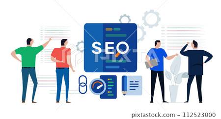 SEO search engine optimization marketing page team discussing analyzing performance code SEO search engine optimization marketing page team discussing analyzing performance code 112523000