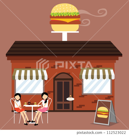 customer in front of burger shop fast food restaurant enjoy meals coffee with friends 112523022