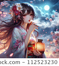 A beautiful courtesan girl smoking a pipe on a night when cherry blossoms are falling 112523230