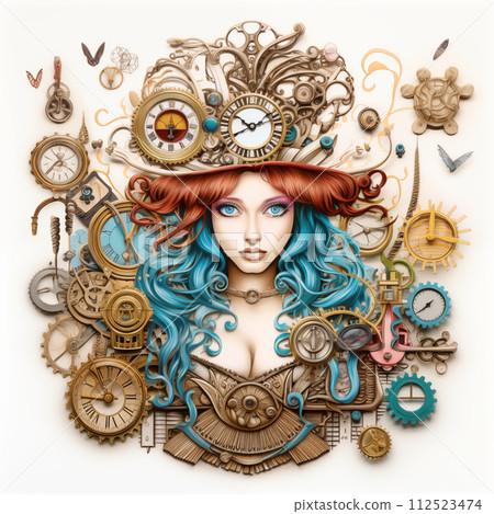 AI-generated content. Alice in Wonderland in Steampunk Style Illustration. 112523474