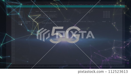 Image of 5g text and data processing with networks of connections on computer screen 112523613