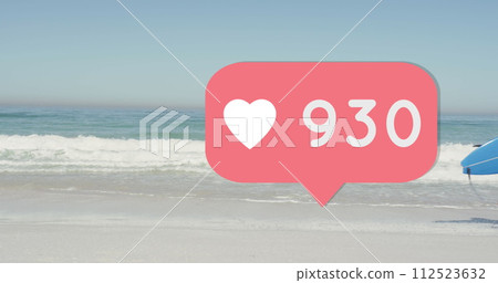 Image of speech bubble with heart icon and numbers over man running with surfboard on beach Image of speech bubble with heart icon and numbers over man running with surfboard on beach 112523632