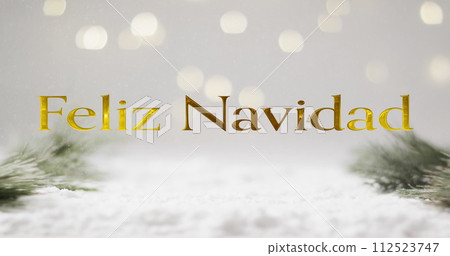 Feliz navidad text in gold over christmas tree sprigs, snow and bokeh lights on grey background Feliz navidad text in gold over christmas tree sprigs, snow and bokeh lights on grey background 112523747