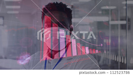 Image of digital interface showing statistics with scientist wearing face masks 112523786