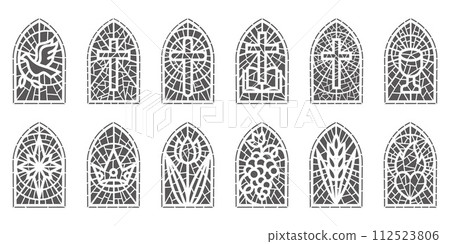 Church glass windows. Stained mosaic catholic and christian frames with cross. Vector gothic medieval outline arches isolated on white background 112523806