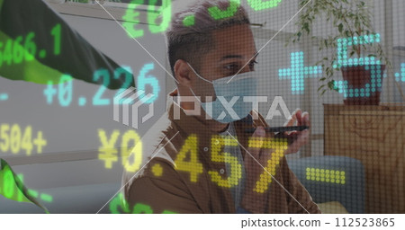 Image of digital interface showing statistics with man talking on smartphone wearing face masks Image of digital interface showing statistics with man talking on smartphone wearing face masks 112523865