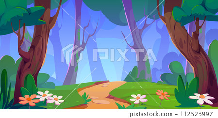 Footpath in summer forest with color flowers 112523997