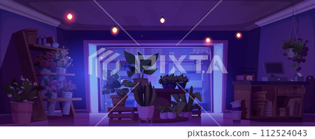 Flower shop interior at night. Cartoon vector Flower shop interior at night. Cartoon vector 112524043