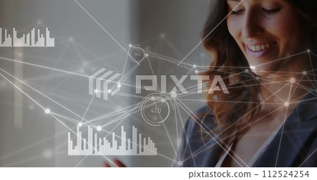 Image of network of connections over caucasian businesswoman using tablet Image of network of connections over caucasian businesswoman using tablet 112524254