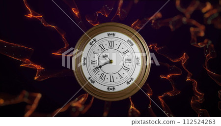 Image of clock ticking over light trails on black background Image of clock ticking over light trails on black background 112524263
