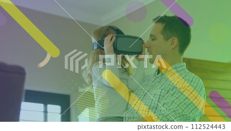Image of pattern over caucasian girl in vr headset Image of pattern over caucasian girl in vr headset 112524443