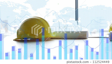 Image of statistics and data processing over hard hat and plans in office 112524449