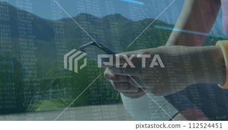 Image of data processing over midsection of woman using smartphone in background 112524451