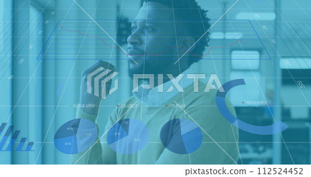 Image of digital interface showing statistics with man looking through window in an office Image of digital interface showing statistics with man looking through window in an office 112524452