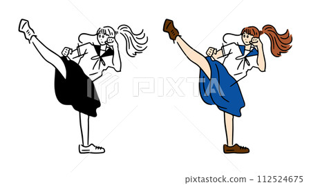 Line drawing illustration of a high school girl doing an upper roundhouse kick Line drawing illustration of a high school girl doing an upper roundhouse kick 112524675