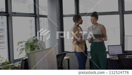 Image of financial data processing over diverse business people in office 112524776