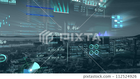 Image of financial data processing over cityscape Image of financial data processing over cityscape 112524926
