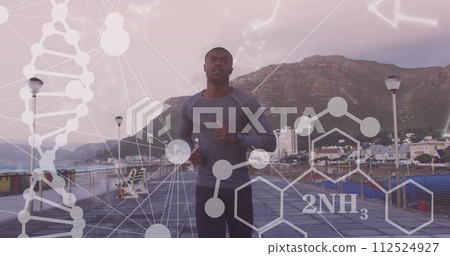 Image of shapes and dna strand over african american man running on promenade Image of shapes and dna strand over african american man running on promenade 112524927