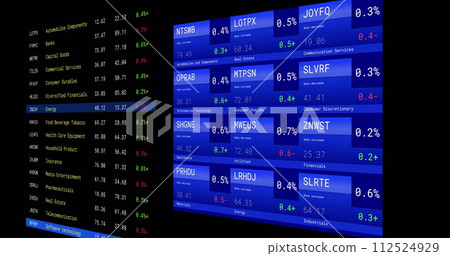 Image of financial data processing with screens over black background Image of financial data processing with screens over black background 112524929