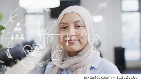 Image of globe with icons data processing over biracial businesswoman in office Image of globe with icons data processing over biracial businesswoman in office 112525166