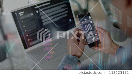 Image of data processing over biracial businessman with smartphone and laptop in office Image of data processing over biracial businessman with smartphone and laptop in office 112525181