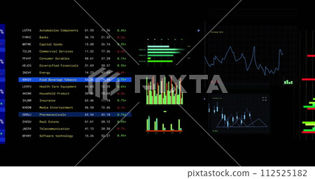 Image of financial data processing with screens over black background 112525182