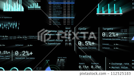 Image of financial data processing with numbers over black background Image of financial data processing with numbers over black background 112525183