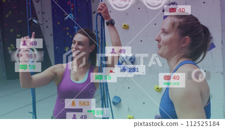 Multiple speech bubbles with digital icons against two caucasian fit woman talking at the gym Multiple speech bubbles with digital icons against two caucasian fit woman talking at the gym 112525184