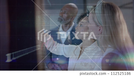 Image of financial data processing over diverse business people in office Image of financial data processing over diverse business people in office 112525186