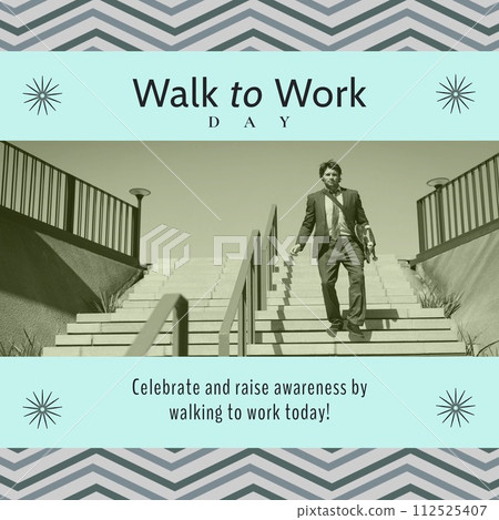 Composition of walk to work day text over caucasian businessman walking stairs on blue background 112525407