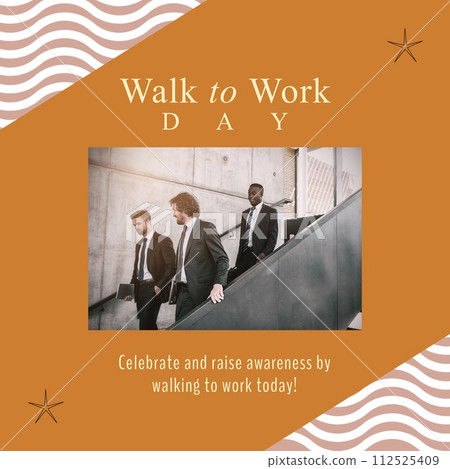 Composition of walk to work day text over diverse business people at office on orange background Composition of walk to work day text over diverse business people at office on orange background 112525409