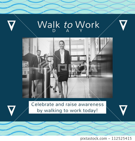 Composition of walk to work day text over diverse business people at office on blue background 112525415